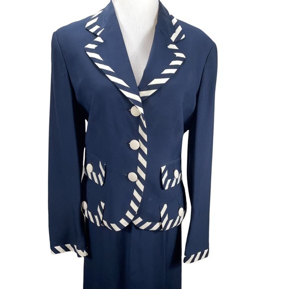 Moschino Couture Vintage Striped Trim Blue Jacket Skirt Suit IT42 Vintage - Picture 4 of 11